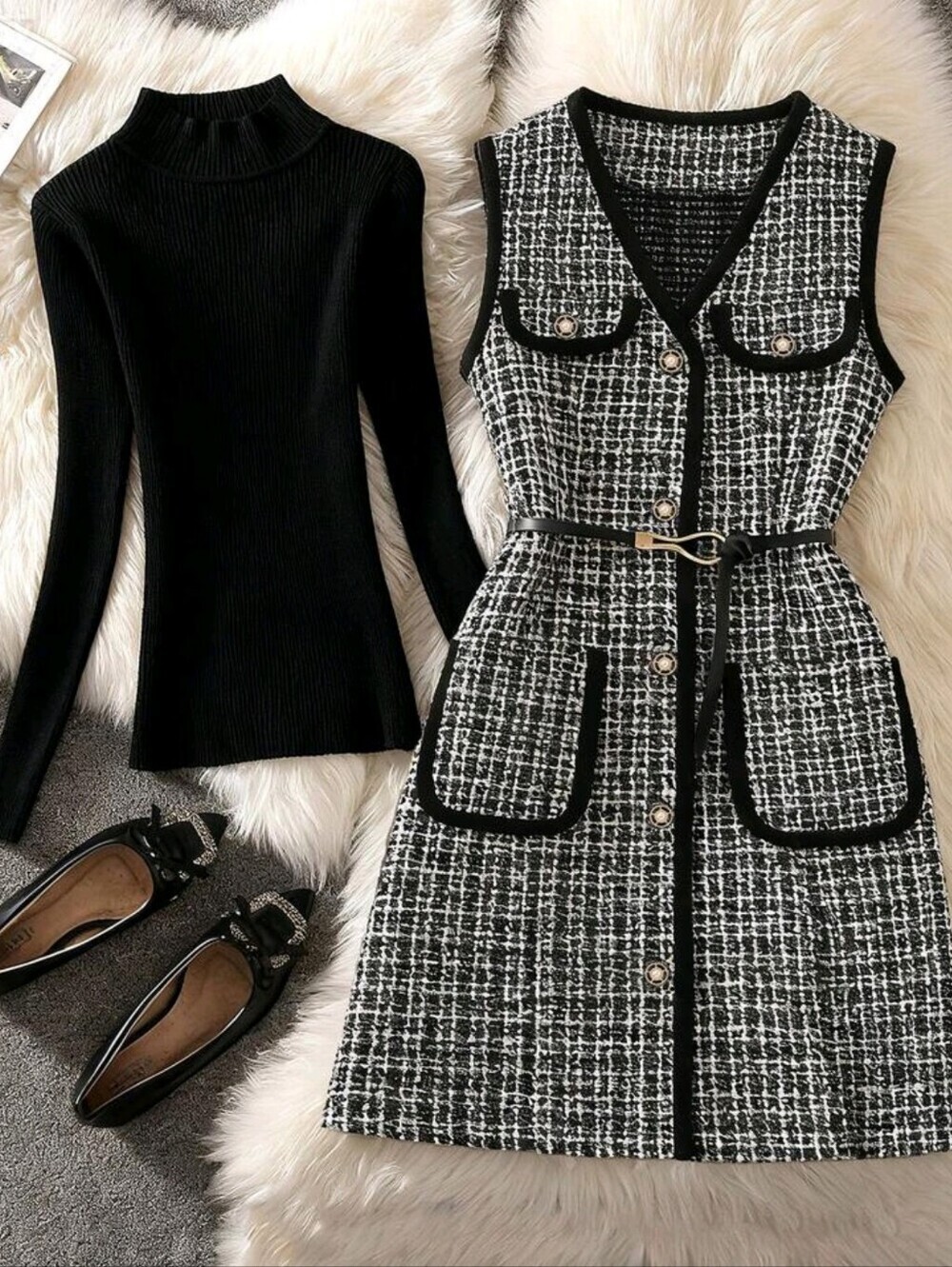 Classic Black & White Tweed Belted Sheath Dress